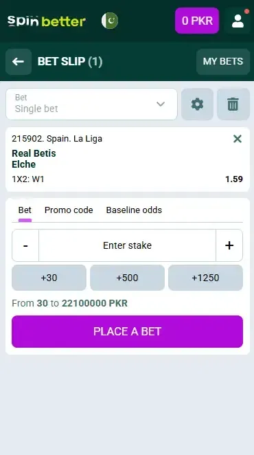 Spinbetter Pakistan Bet Slip