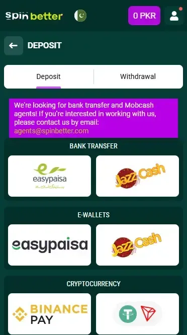 Spinbetter Deposit Options in Pakistan