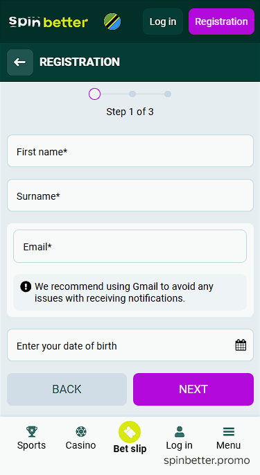 Spinbetter Registration via Email