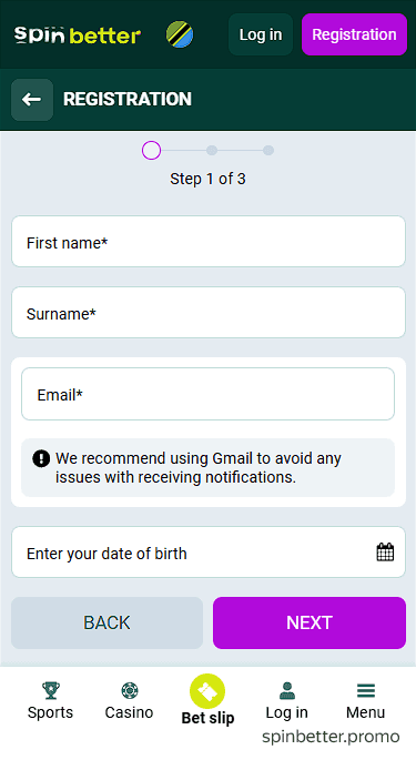 Spinbetter Registration via Email