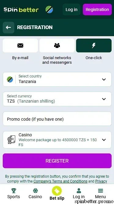 Spinbetter TZ Registration