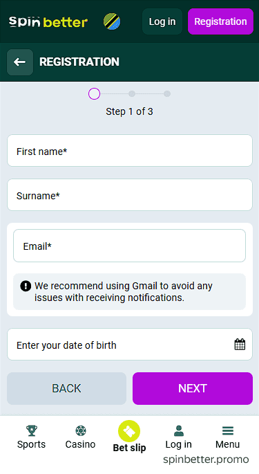 Spinbetter Tanzania Registration via Email