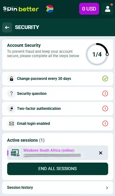 Spinbetter South Africa Account Protection