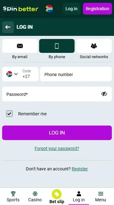 Spinbetter South Africa Login via Phone Number