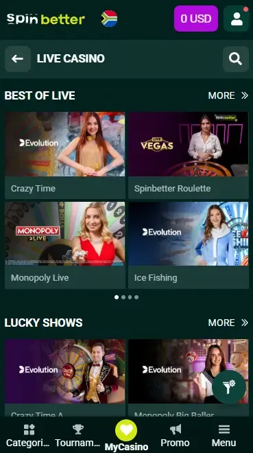 Spinbetter South Africa: Live Casino