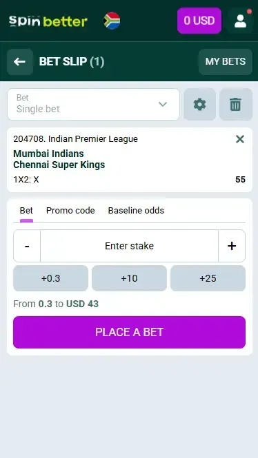 Spinbetter South Africa: Cricket Bet Slip