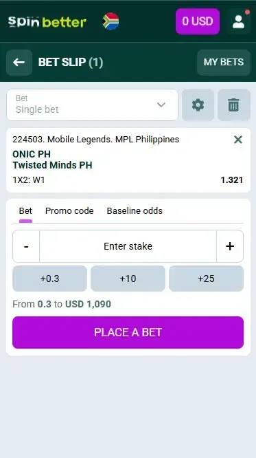 Spinbetter South Africa: Esport Bet Slip