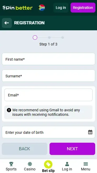 Spinbetter South Africa Registration via Email