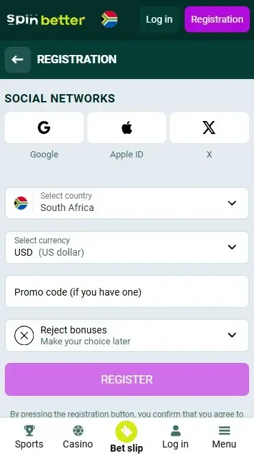 Spinbetter South Africa Registration via Social Networks