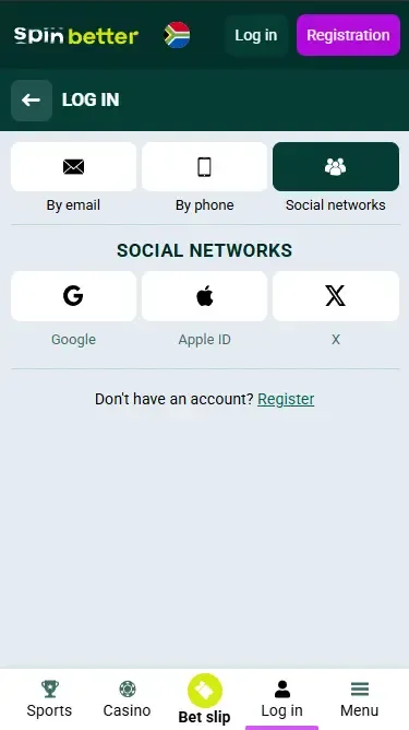 Spinbetter South Africa: Log in via Social Networks