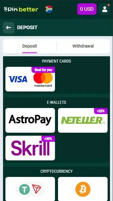 Spinbetter South Africa: Deposit Methods