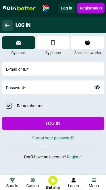 Spinbetter South Africa: Login via email