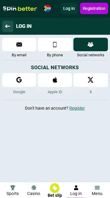 Spinbetter sign-in via social networks in South Africa