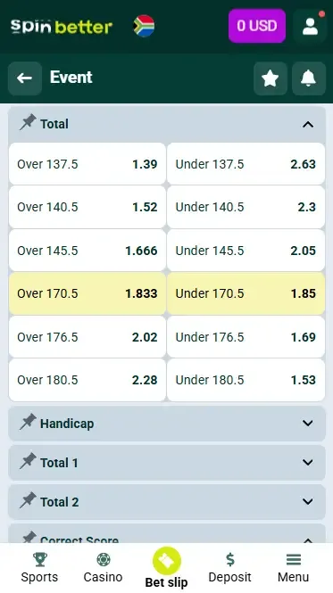 Spinbetter South Africa Volleyball Totals and Handicap