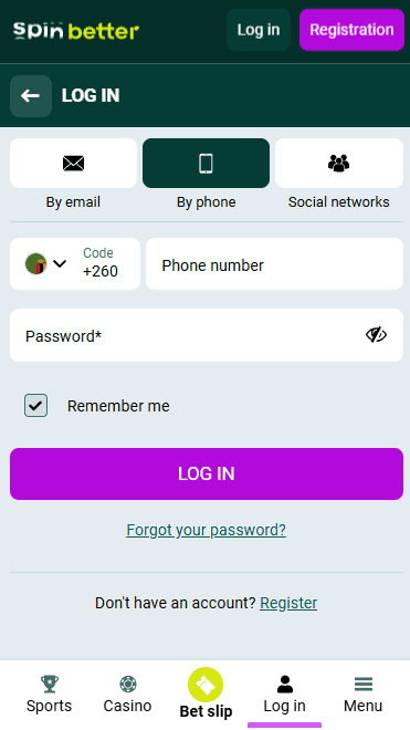 Spinbetter Zambia Login via Phone Number