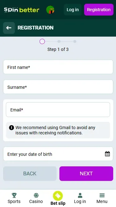 Spinbetter Zambia: Registration via Email