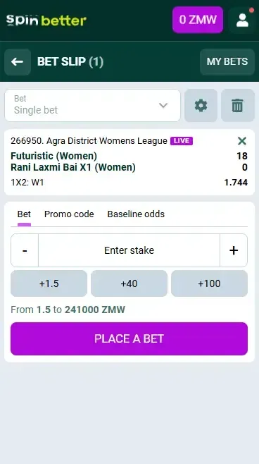 Spinbetter Zambia: Cricket Bet Slip