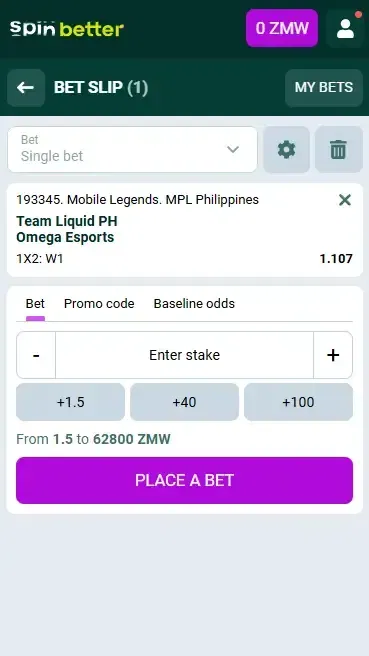 Spinbetter Zambia: Esport Bet Slip