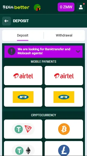 Spinbetter Zambia: Deposit Options