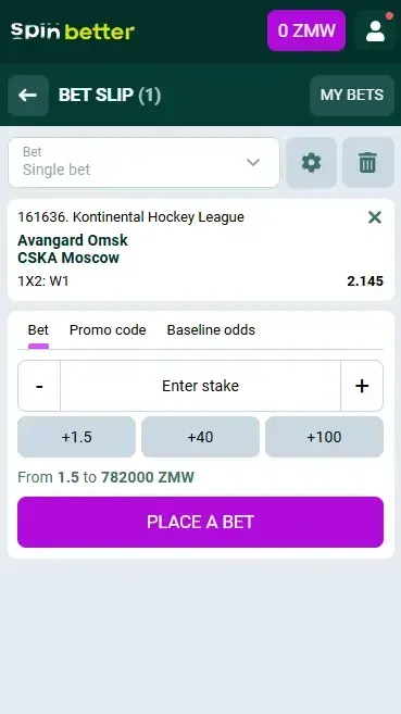 Spinbetter Zambia Hockey Bet Slip