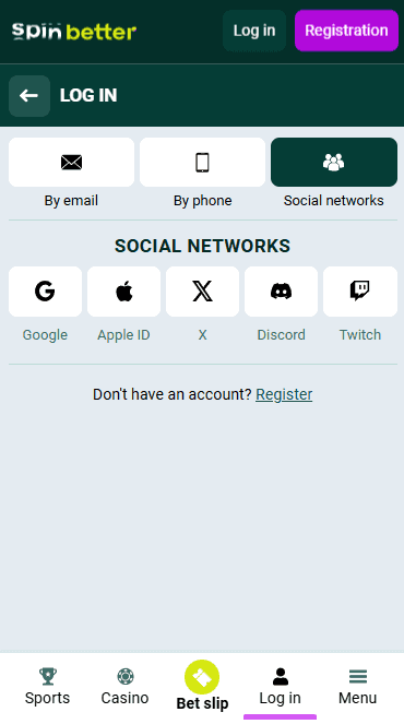 Spinbetter sign-in via social networks in Zambia