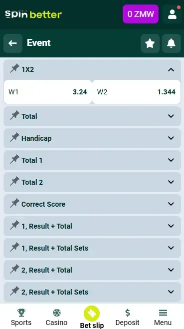 Spinbetter Zambia Betting Markets