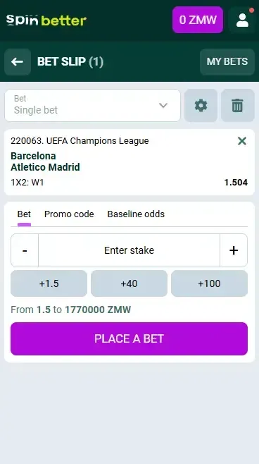 Spinbetter Zambia Bet Slip