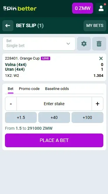 Spinbetter Zambia Volleyball Bet Slip