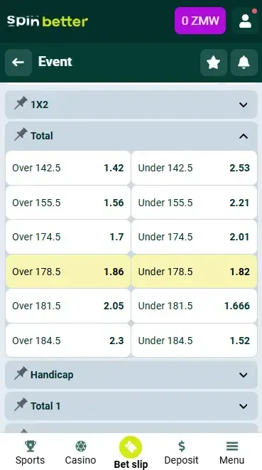Spinbetter Zambia Volleyball Totals and Handicap