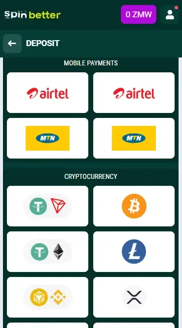 Spinbetter Zambia Deposit Options