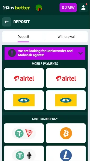 Spinbetter Deposit Options in Zambia