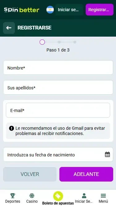 Registro de Spinbetter Argentina por correo electrónico