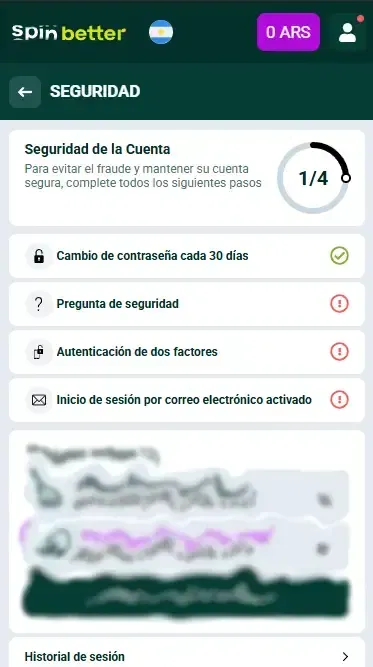Protección de cuenta de Spinbetter Argentina