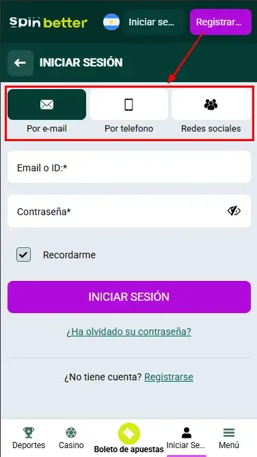 Spinbetter AR: formas de iniciar sesión
