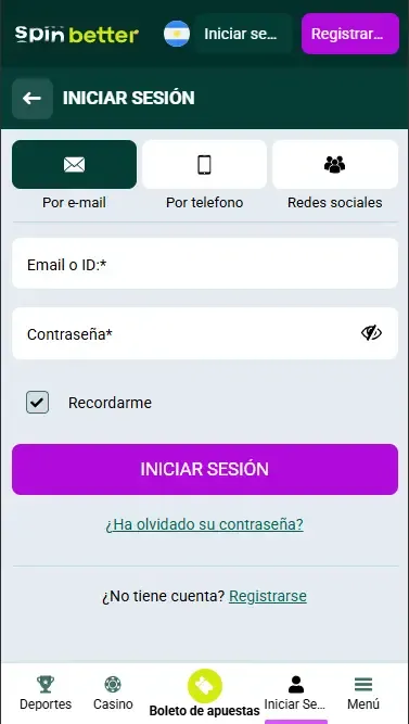 Inicio de sesión en Spinbetter por correo electrónico en Argentina