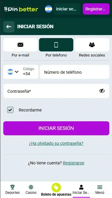 Inicio de sesión en Spinbetter Argentina mediante número de teléfono