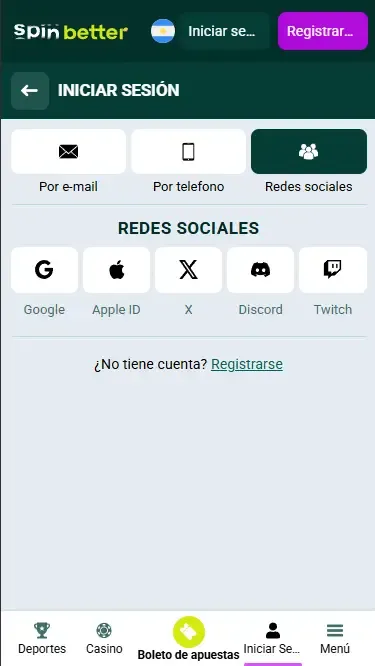 Inicio de sesión en Spinbetter AR mediante redes sociales