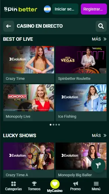 Spinbetter Argentina: Casino en vivo
