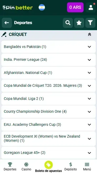 Spinbetter Argentina partidos y eventos de cricket