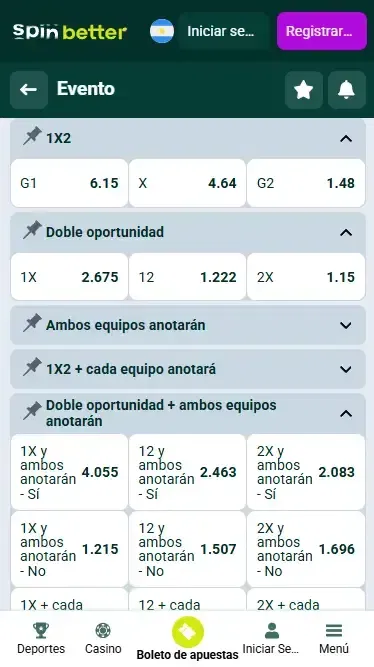 Mercados de apuestas de Spinbetter