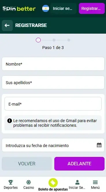 Registro de Spinbetter Argentina por Email