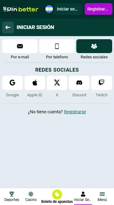 Inicio de sesión en Spinbetter Argentina mediante redes sociales