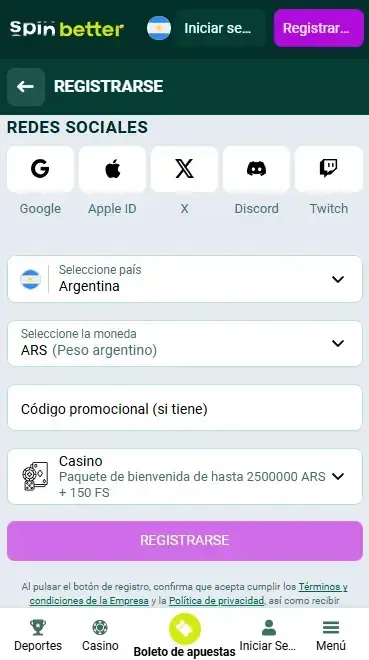 Registro de Spinbetter Argentina mediante redes sociales