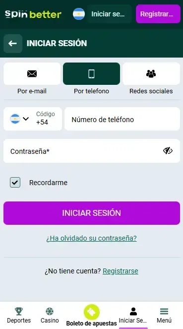 Inicio de sesión en Spinbetter Argentina con número de teléfono
