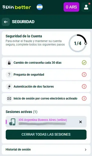 Spinbetter Argentina: Protección de la cuenta