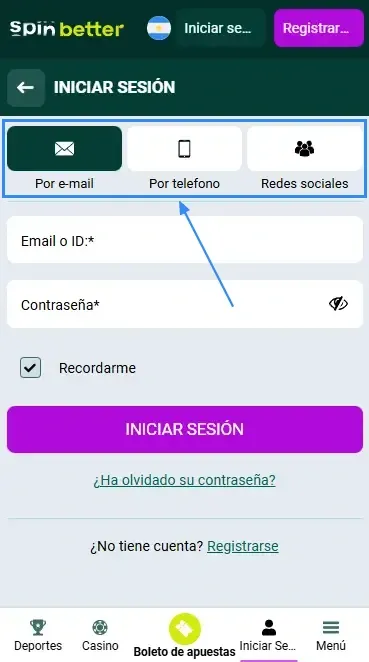Spinbetter AR: Formas de iniciar sesión