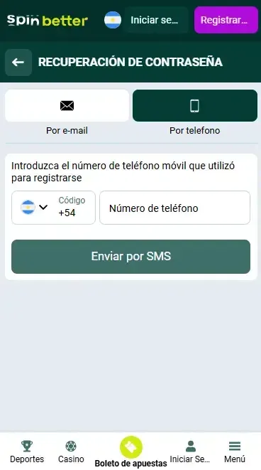 Recuperación de contraseña mediante número de teléfono en Spinbetter AR