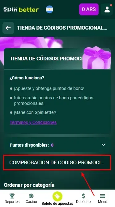 Spinbetter Argentina: Verificación del código promocional