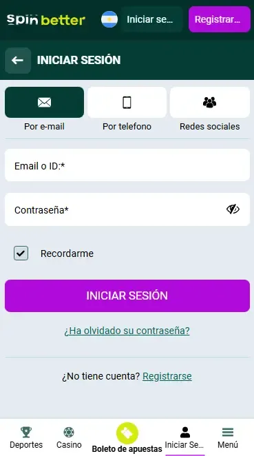 Spinbetter Argentina: Inicio de sesión con email