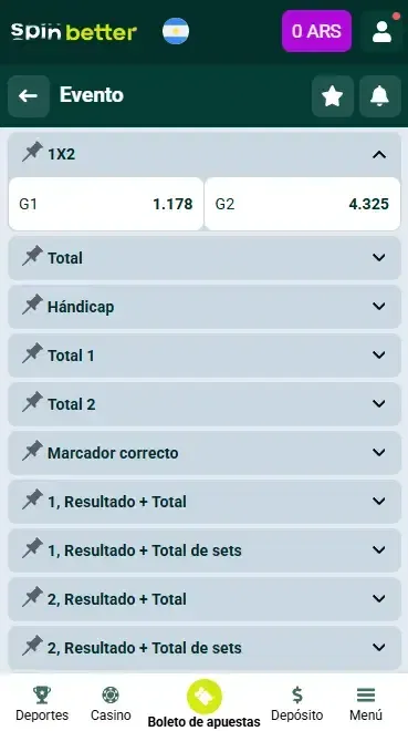 Mercados de apuestas de Spinbetter Argentina